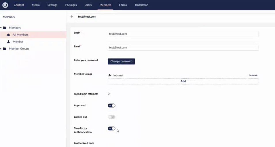 Umbraco 11.1 Disable 2FA For Members 955X510px