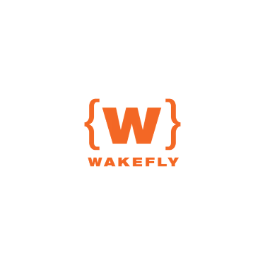 Wakefly logo with orange curly braces and bold text “WAKEFLY” on white background