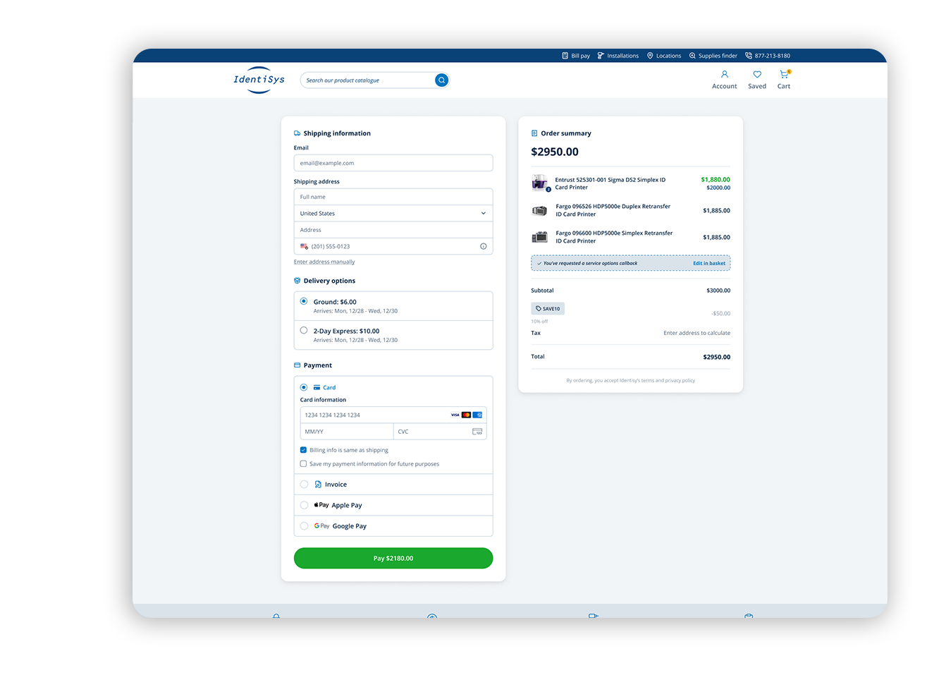 E-commerce checkout page with shipping form and order summary totaling $2950.00 for card payment