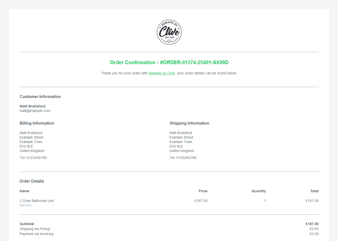 Screenshot of an order confirmation in Umbraco Commerce