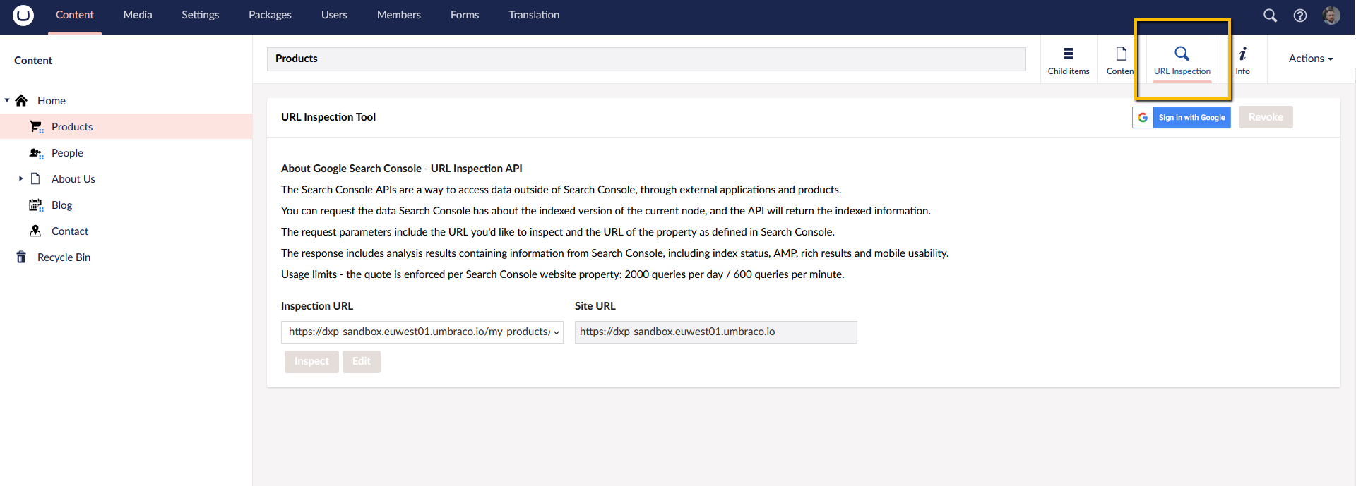 Umbraco Content App URL Inspection Area