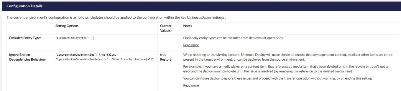 Umbraco Deploy 9.4 Dasboard Configuration Details 1527X347px