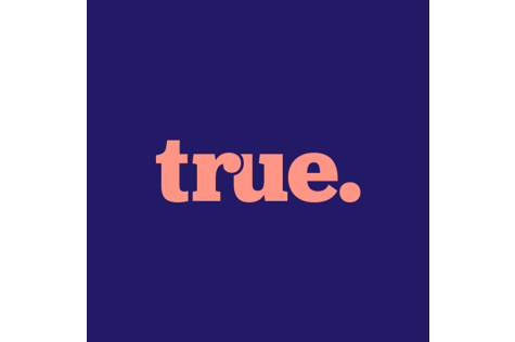 Large “true.” text in coral pink centered on a dark purple background