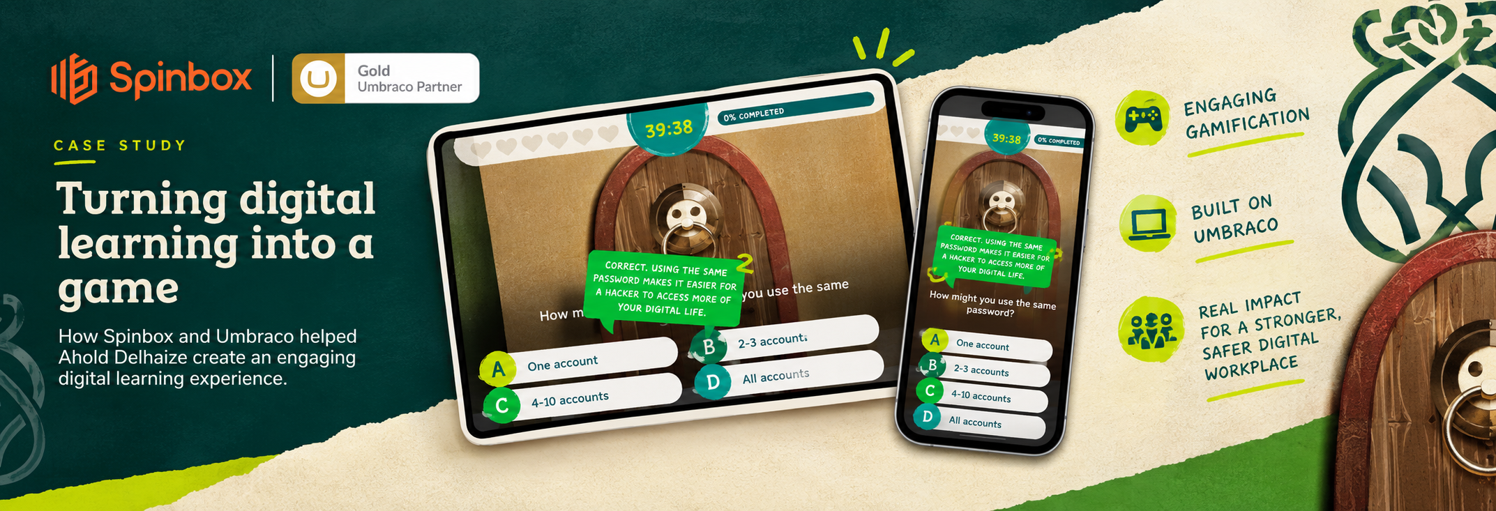 Marketing banner showing “Turning digital learning into a game” with tablet and phone quiz screens, Spinbox and Umbraco logos