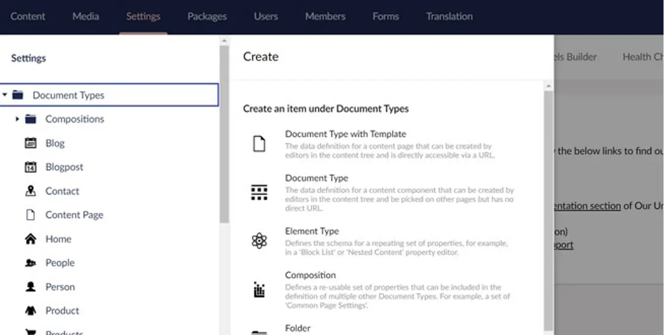 Screenshot of improved "Create Document Type" menu containing the new "Compositions" item and descriptions for each item