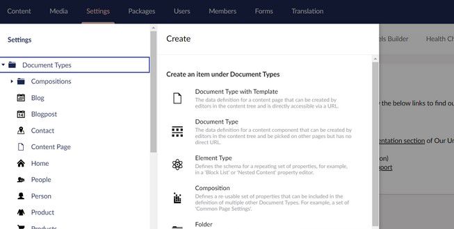 Screenshot of improved "Create Document Type" menu containing the new "Compositions" item and descriptions for each item