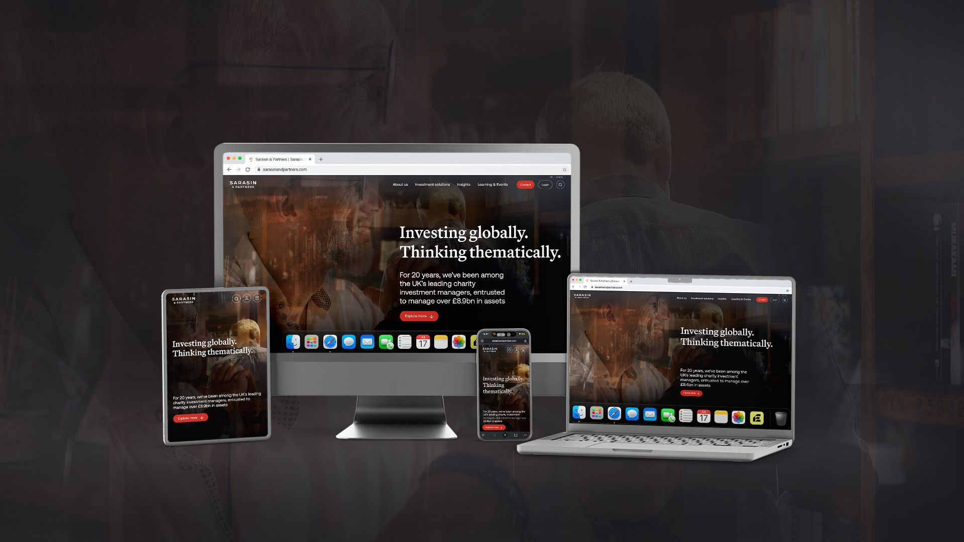 Sarasin & Partners website homepage shown on a desktop monitor, laptop, tablet and phone, with the headline "Investing globally. Thinking thematically."