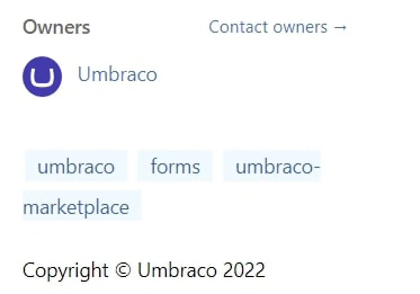 Screenshot from the NuGet listing of Umbraco Forms showing the tags, including the new Umbraco-marketplace tag.