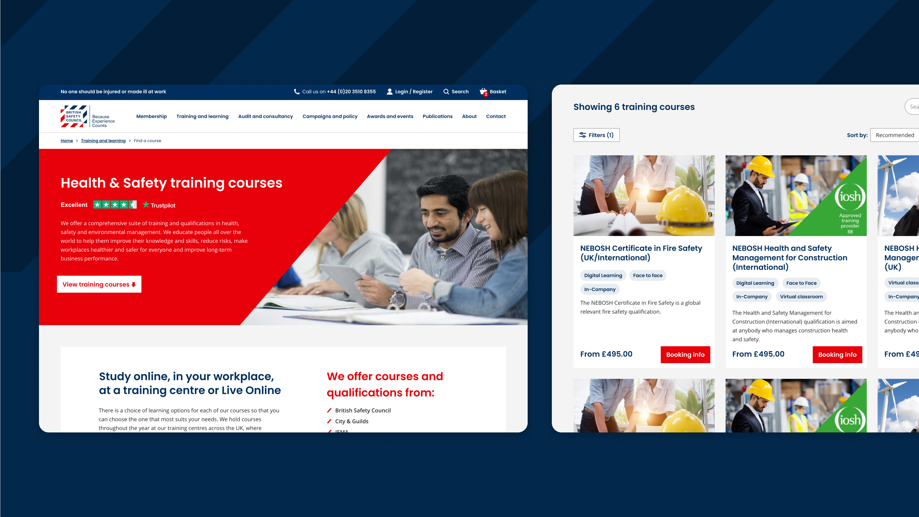 Webpage screenshot showing health & safety training courses, with course cards and filters on the right.