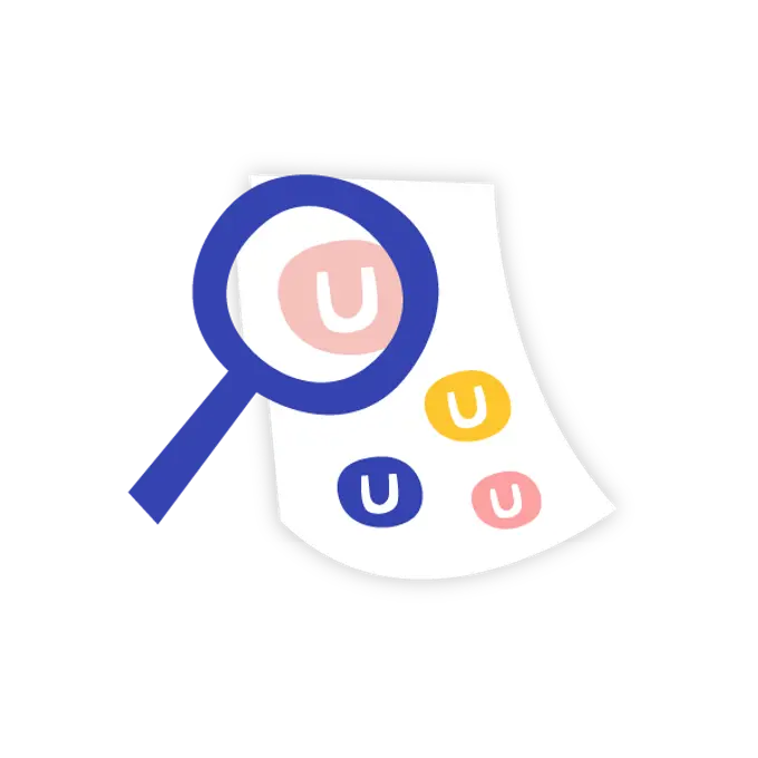 A sheet of paper with colorful Umbraco logos. A magnifying glass is focused on a pink Umbraco logo, making it bigger.