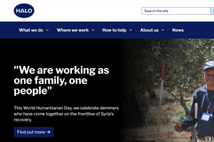 A desktop hero banner for The HALO Trust featuring a smiling deminer giving a thumbs-up in an olive grove next to a World Humanitarian Day quote.