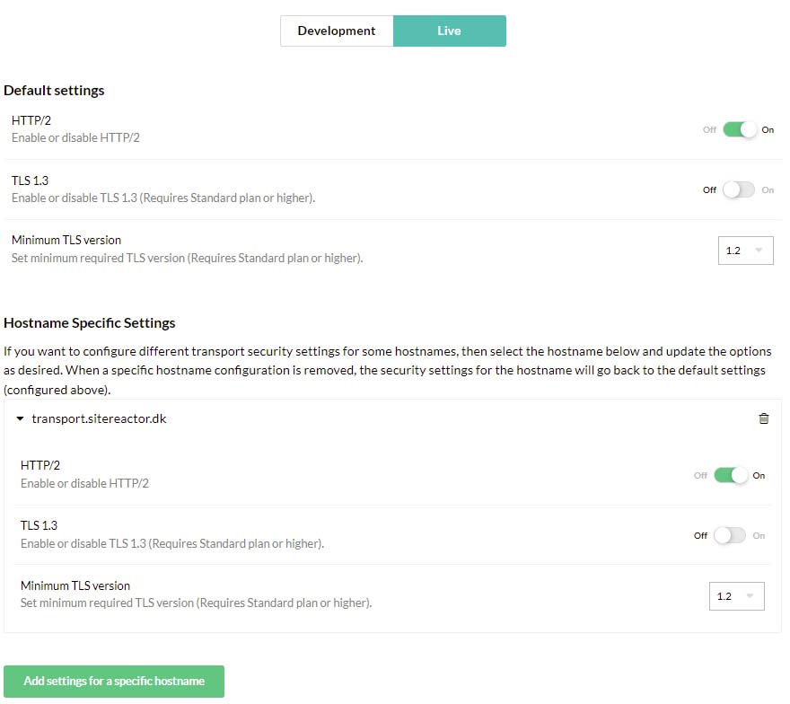 Umbraco Cloud Manage Transport Security Settings