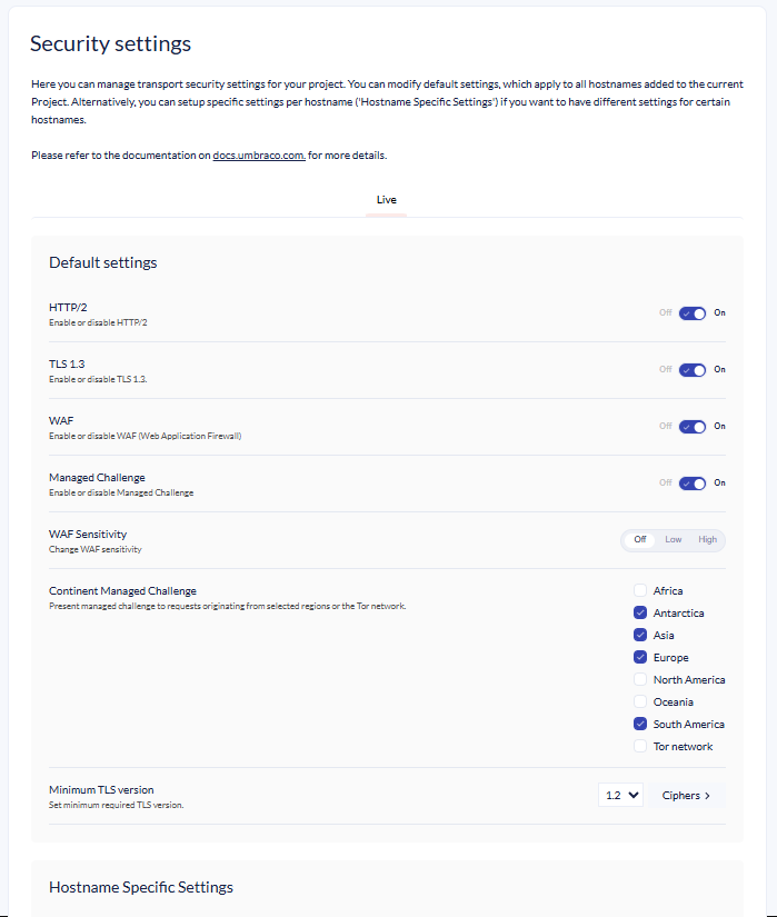 A screenshot of a security settings configuration screen displaying default transport security options. The page includes toggle switches for HTTP/2, TLS 1.3, and WAF, along with checkbox selections for geographic regions under a managed challenge.