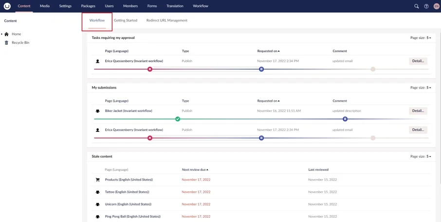 Umbraco Workflow 11 User Dashboard 1904X958px