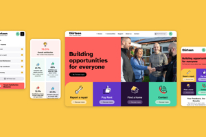 A display of the Thirteen website homepage and tenant dashboard across desktop, tablet, and smartphone screens.