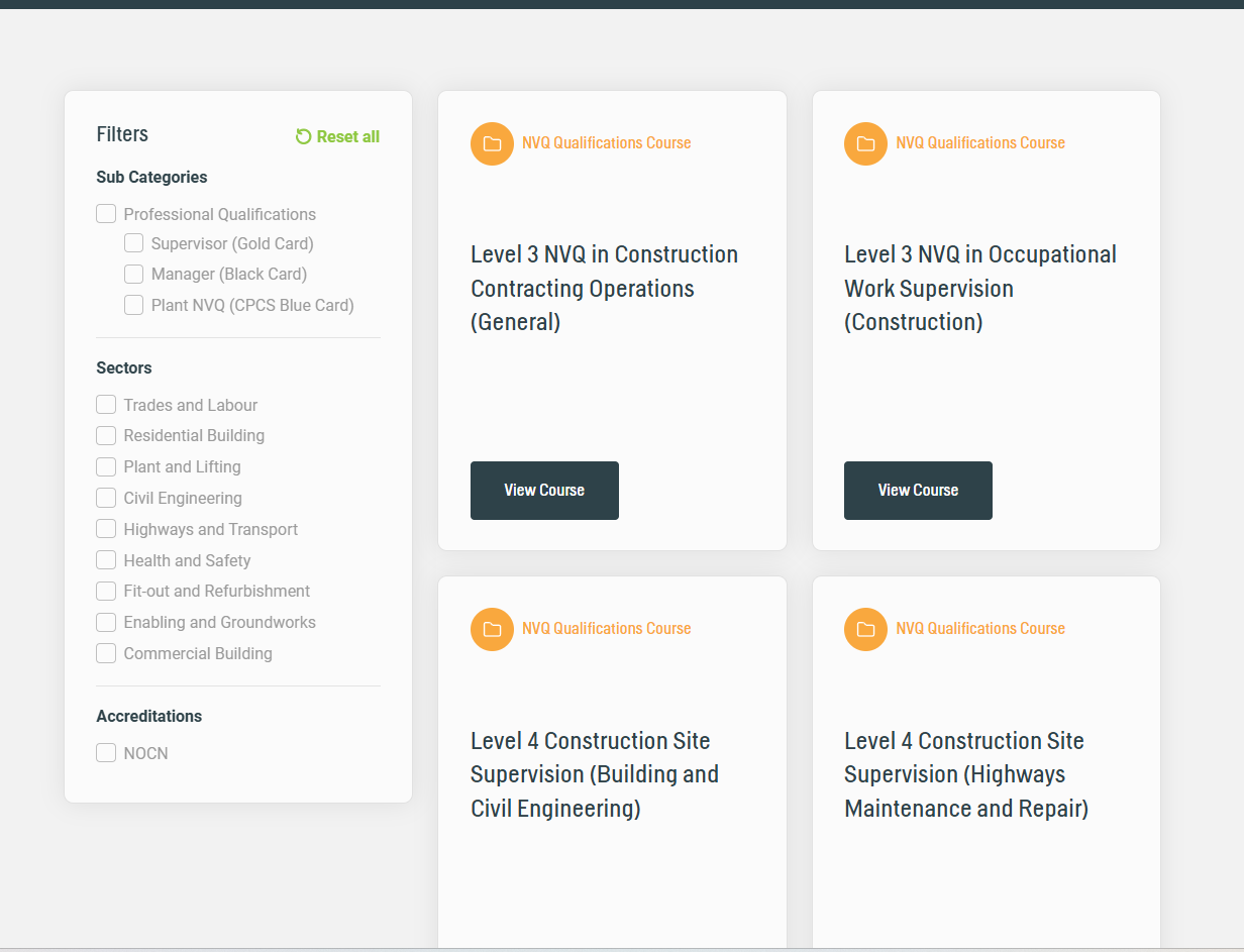 A website course search page featuring a left-hand filter sidebar alongside grid cards for construction NVQ qualification courses.