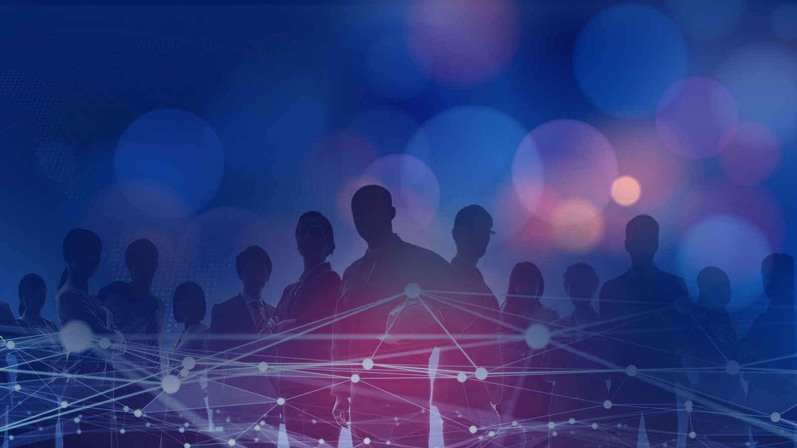 Silhouetted group of businesspeople against blue and pink network lines with glowing bokeh circles
