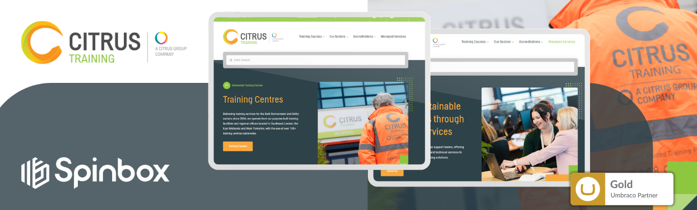 A project banner for Citrus Training created by Spinbox, displaying tablet mockups of the website alongside logos for Citrus Training, Spinbox, an orange high-visibility jacket photo, and a Gold Umbraco Partner badge.