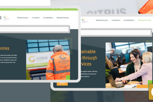 A project banner for Citrus Training created by Spinbox, displaying tablet mockups of the website alongside logos for Citrus Training, Spinbox, an orange high-visibility jacket photo, and a Gold Umbraco Partner badge.