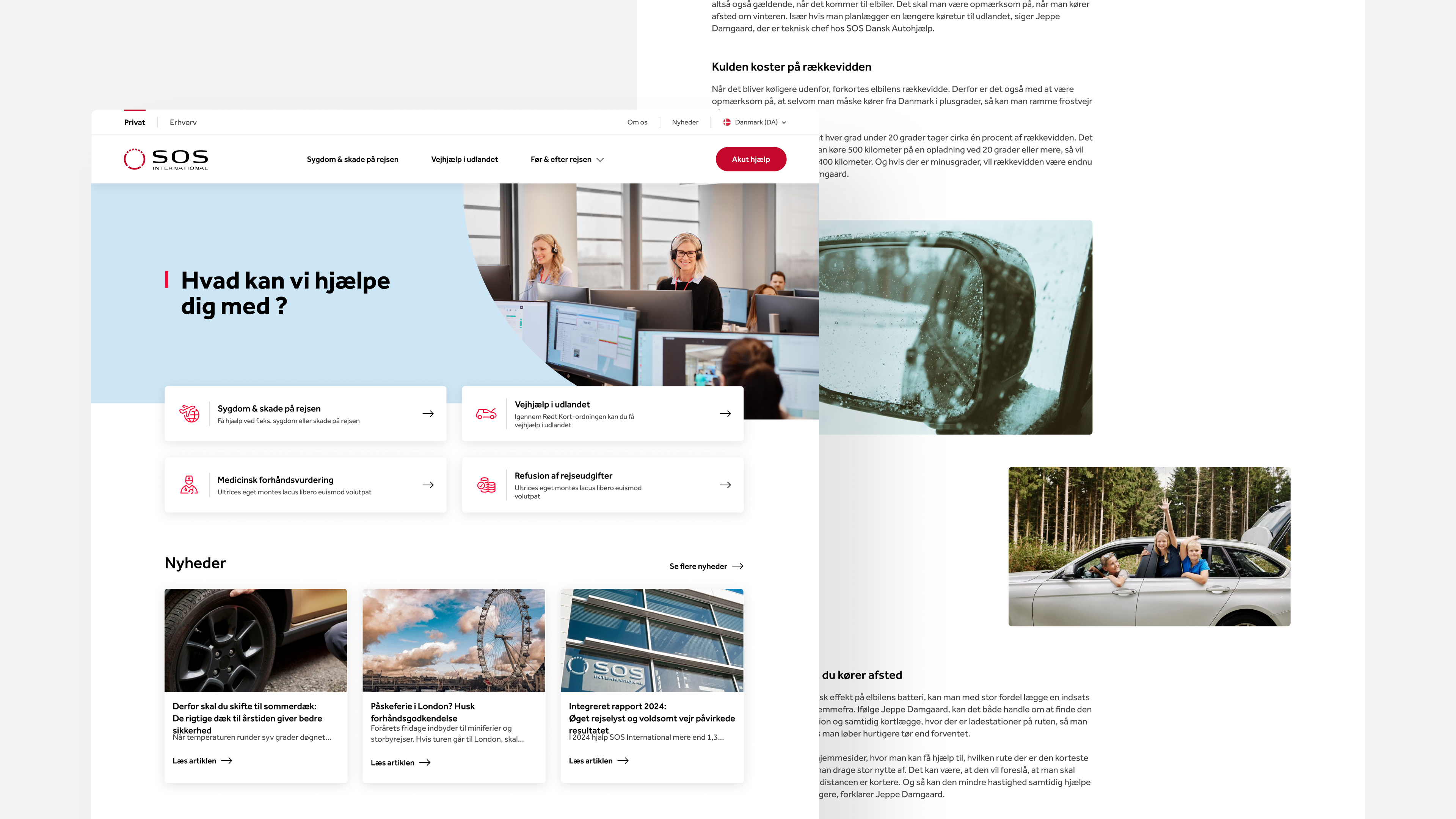 Website design for SOS International showing medical assistance, roadside assistance services, and travel insurance support options.