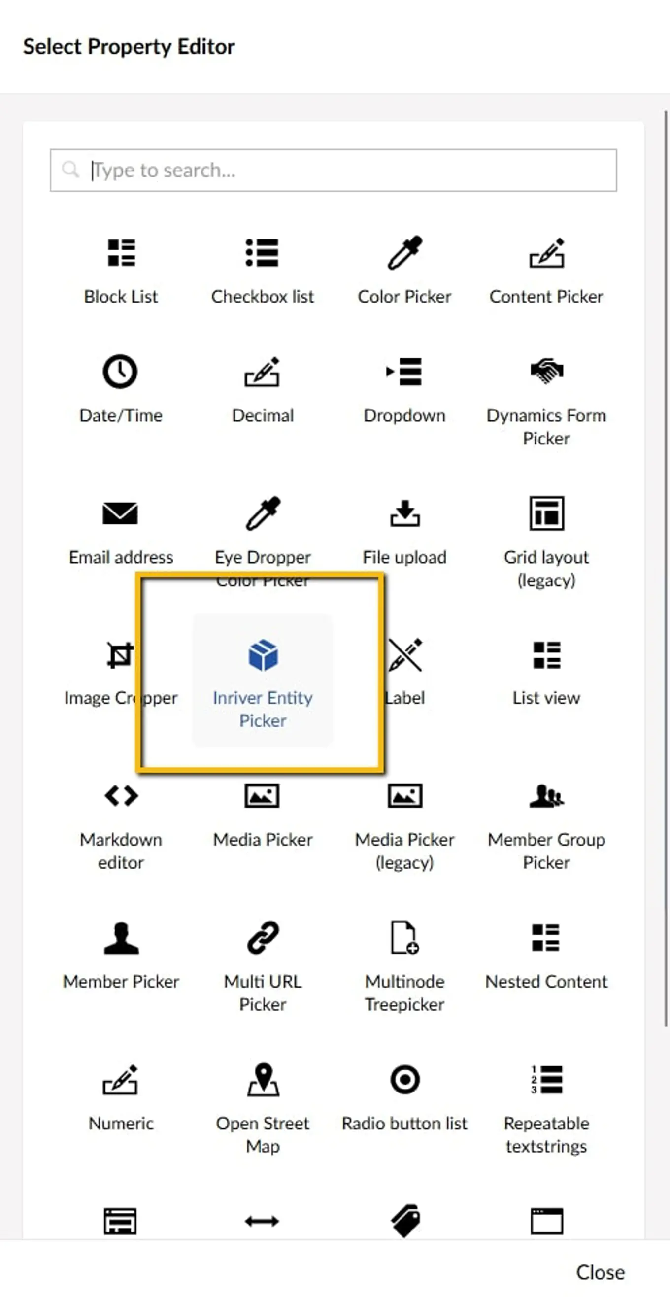 Property editor set up - inriver entity picker