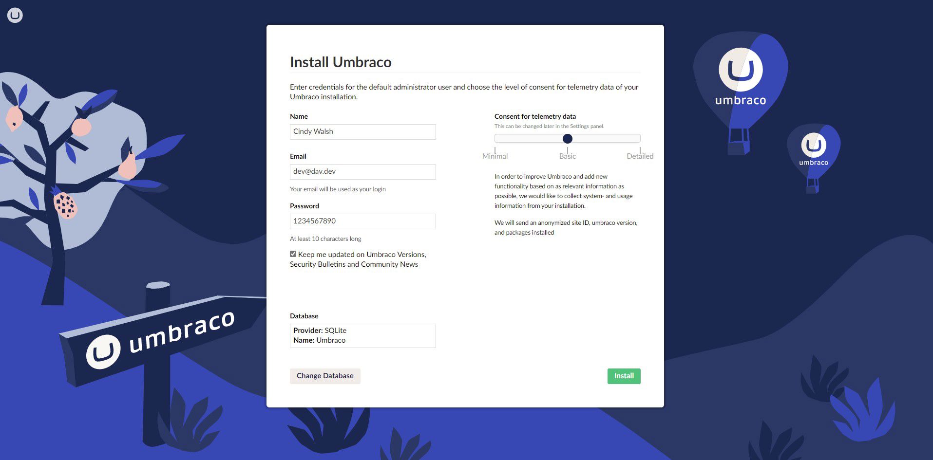 Umbraco 10.1 installer screen with the new telemetry settings - a slider with options for 3 levels of telemetry Minimal, Basic and Detailed.