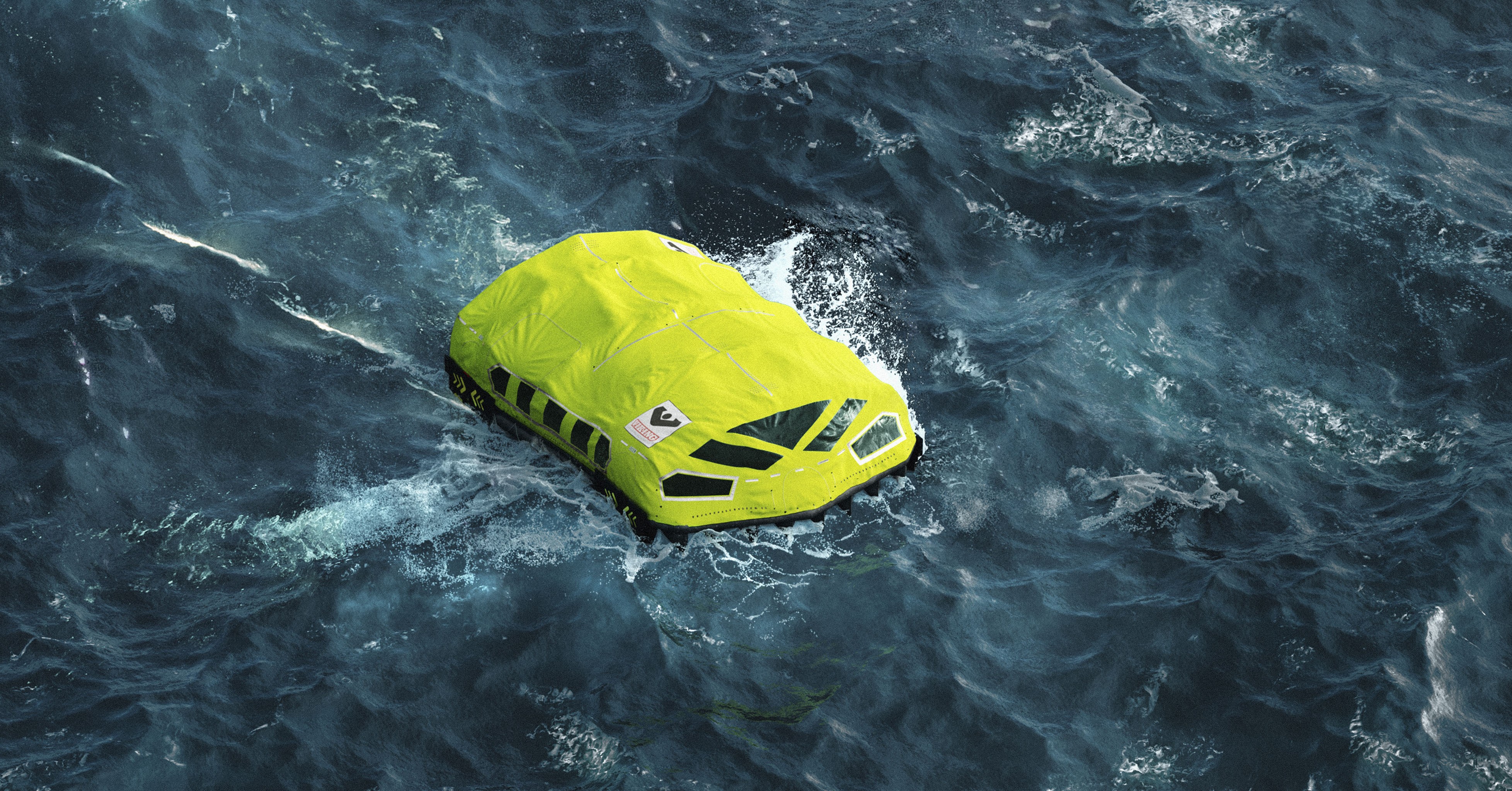 Bright yellow jet ski speeding across rough dark ocean with foam spray around it