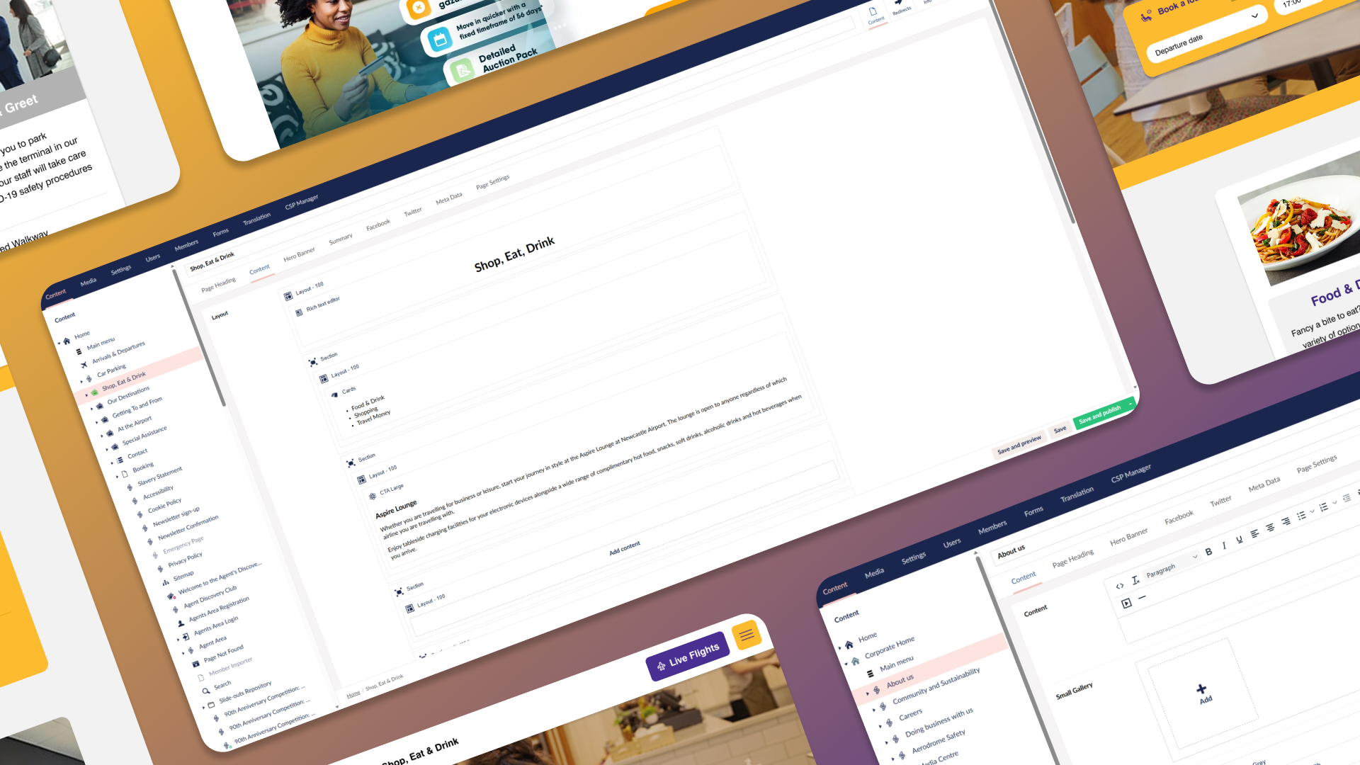 A collage of mobile website screens for flight information and bookings over a blurred airport background.