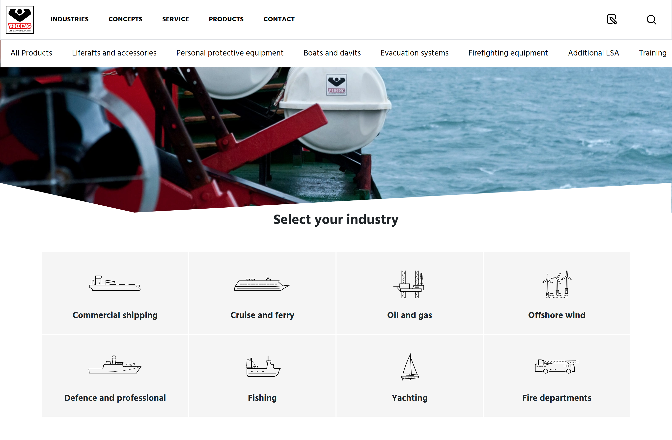 VIKING Life-Saving Equipment industry selection portal for commercial shipping, offshore wind, defence, and marine safety solutions.