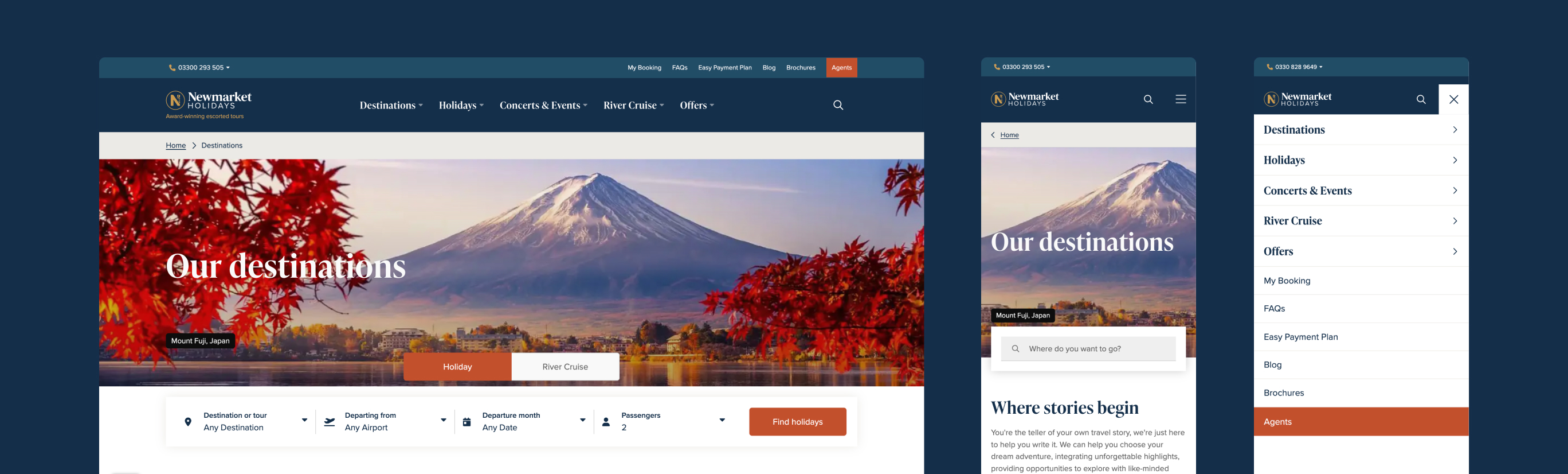 Desktop and mobile website views of the "Our destinations" page for Newmarket Holidays, showing a hero image of Mount Fuji framed by red autumn leaves.