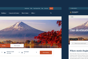 Desktop and mobile website views of the "Our destinations" page for Newmarket Holidays, showing a hero image of Mount Fuji framed by red autumn leaves.