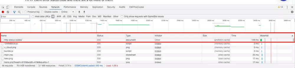 Find HTTP status code in Chrome