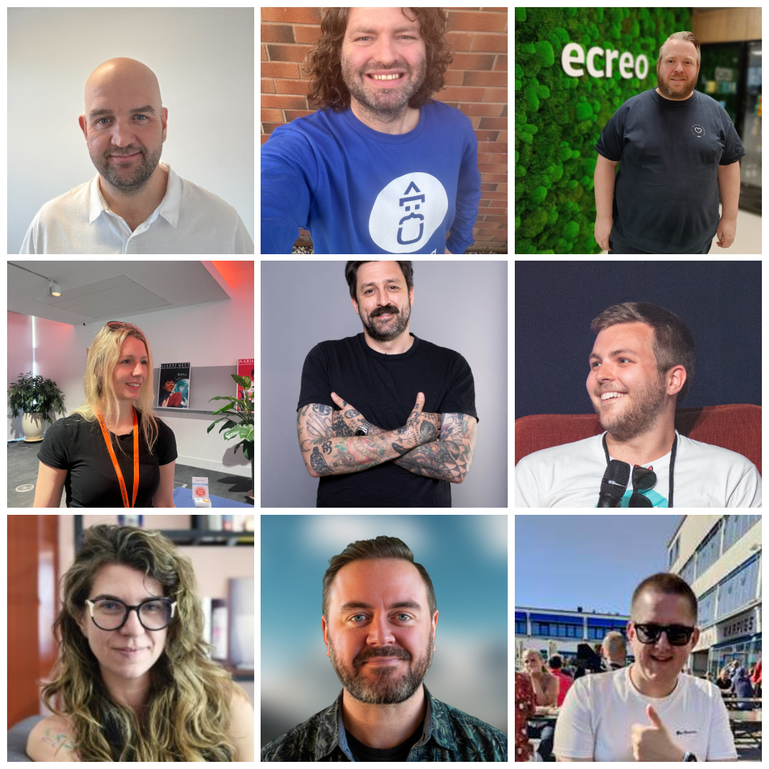 A 3x3 grid of nine individual portraits, featuring people in both indoor and outdoor environments. The photos vary in style, including close-up headshots, a person with visible tattoos, and individuals smiling in casual or workplace settings.