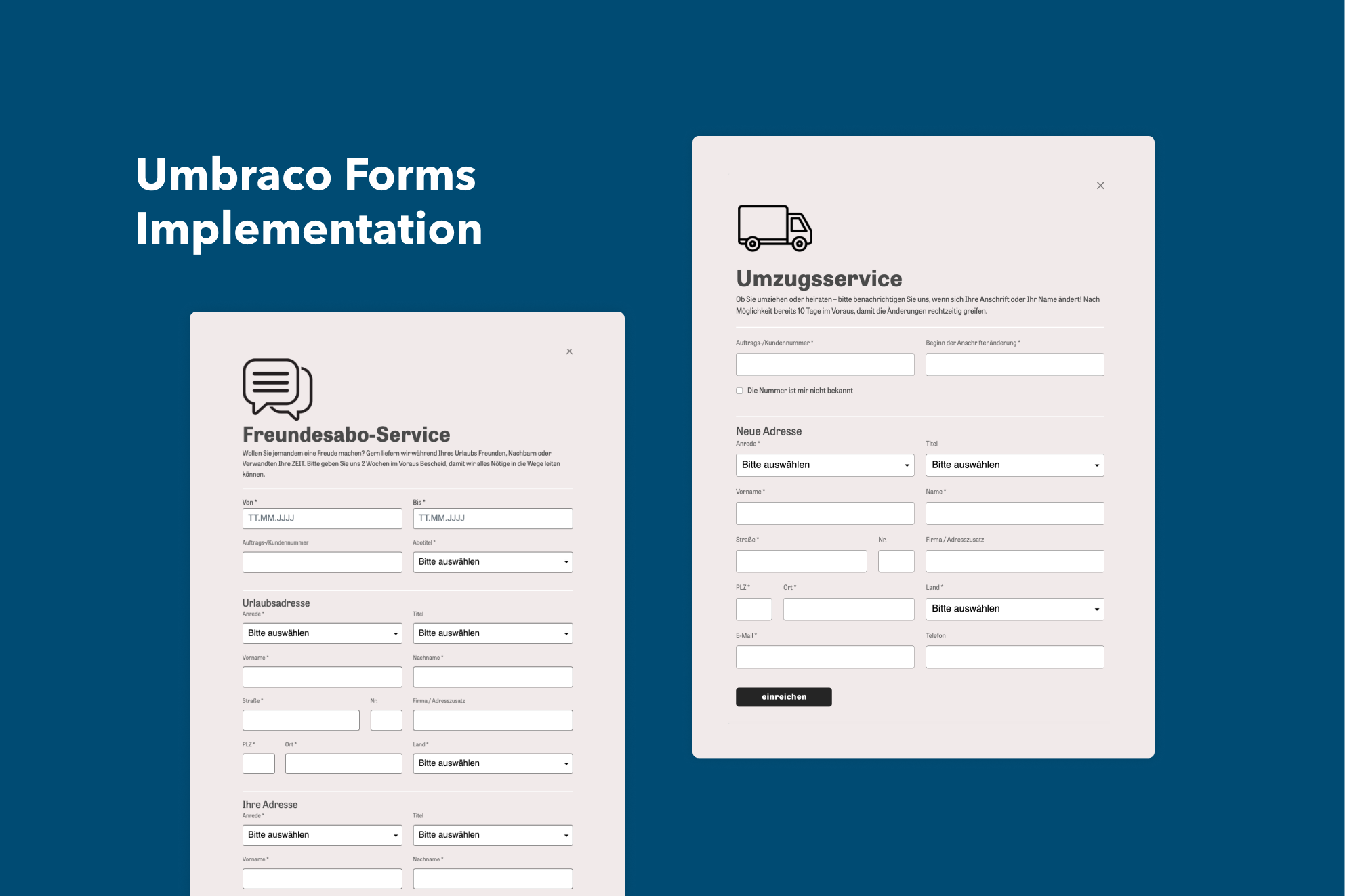 Custom Umbraco Forms Implementation showing digital subscription and moving service web forms.
