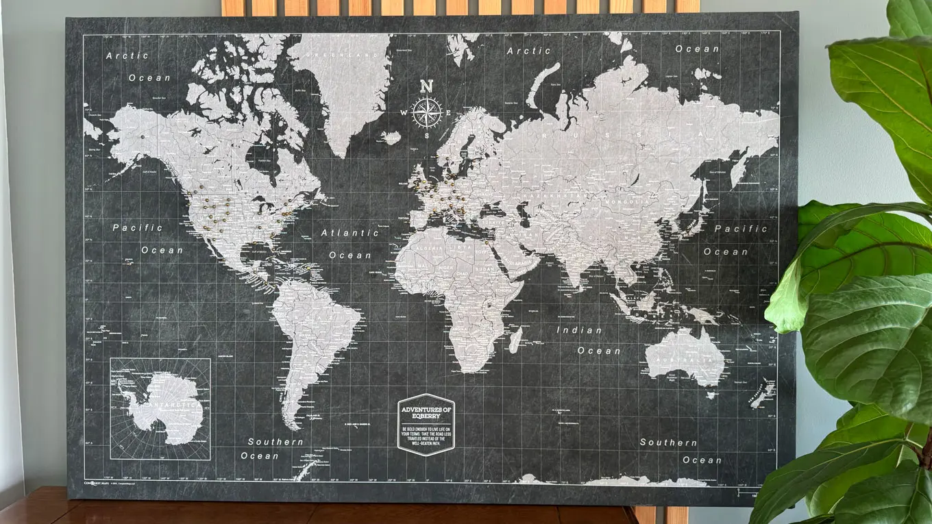 A world map, the land in white and the sea in black, with pins marking all the countries Erica has visited.