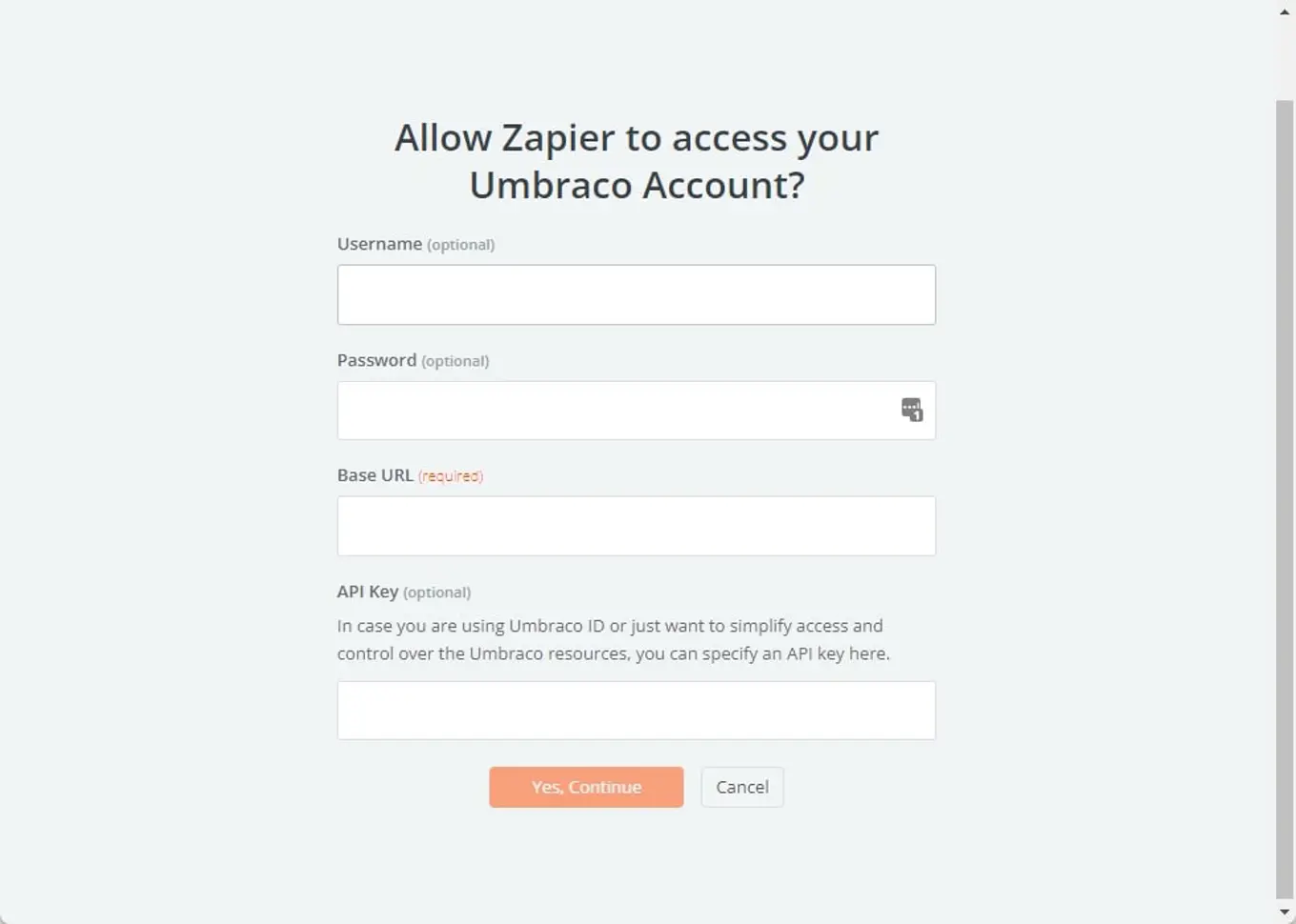 Screenshot: Allow Zapier to access your Umbraco account?