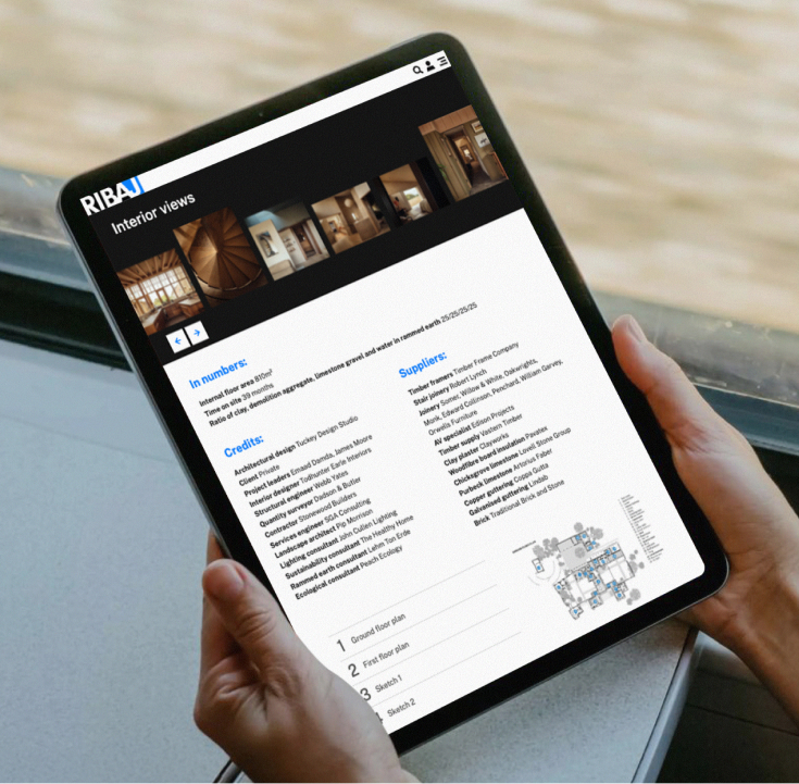 A tablet displaying technical project details, credits, and floor plans on the RIBA Journal website.