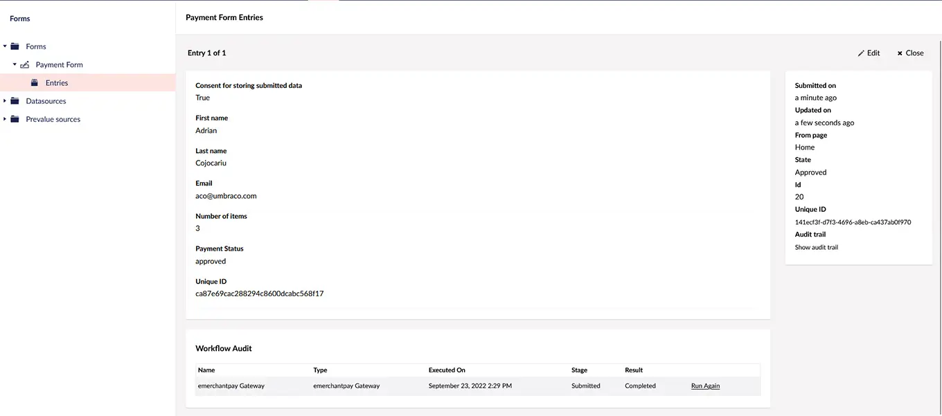 Screenshot: payment form entries