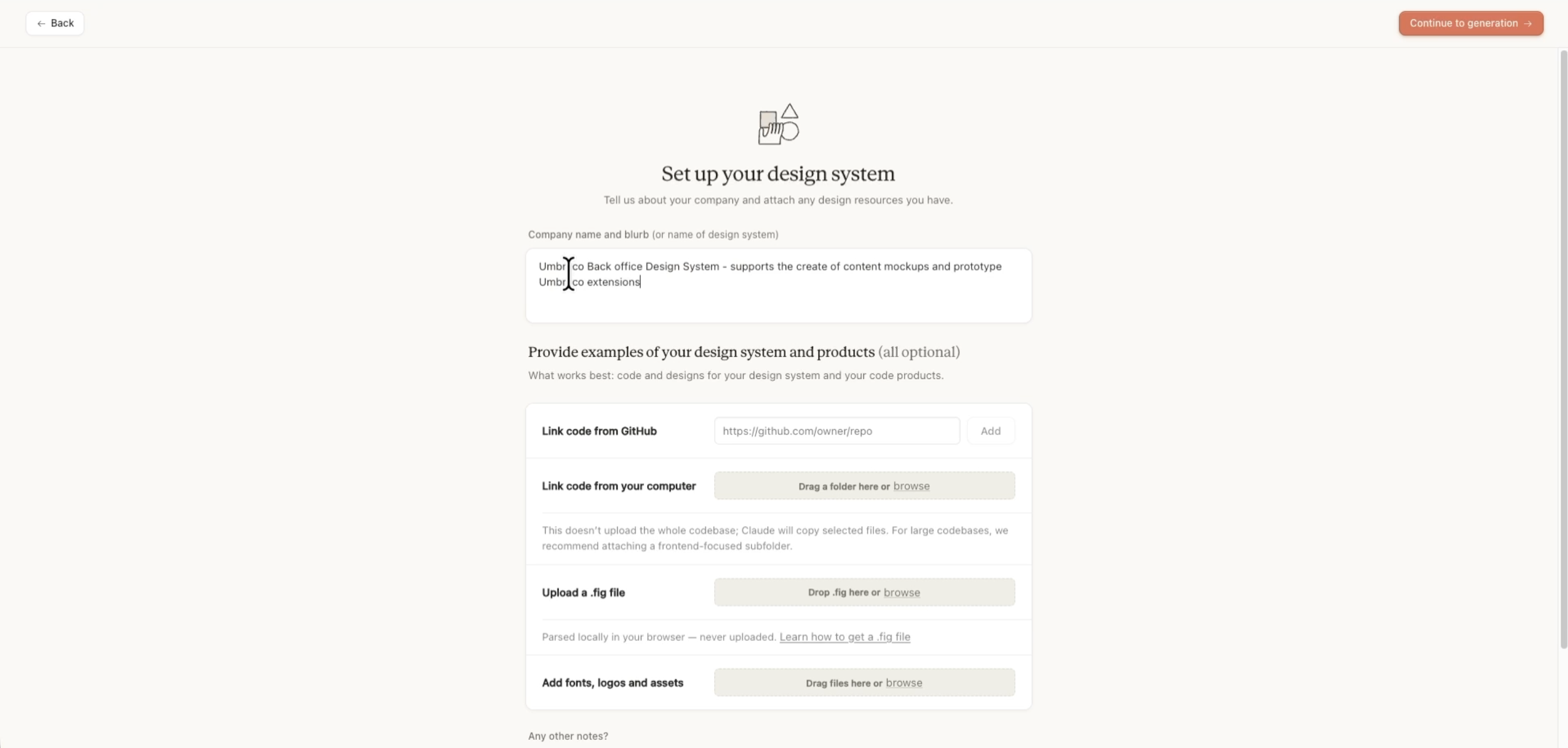 A web interface titled "Set up your design system" featuring input fields for a company name and options to upload or link design resources. The interface includes configuration buttons for GitHub repositories, computer files, .fig files, and asset uploads.