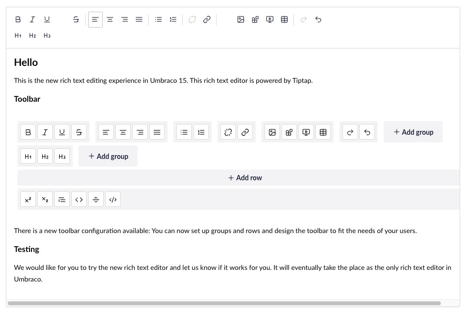 Umbraco 15 New Rich Text Editor UI 960X646px