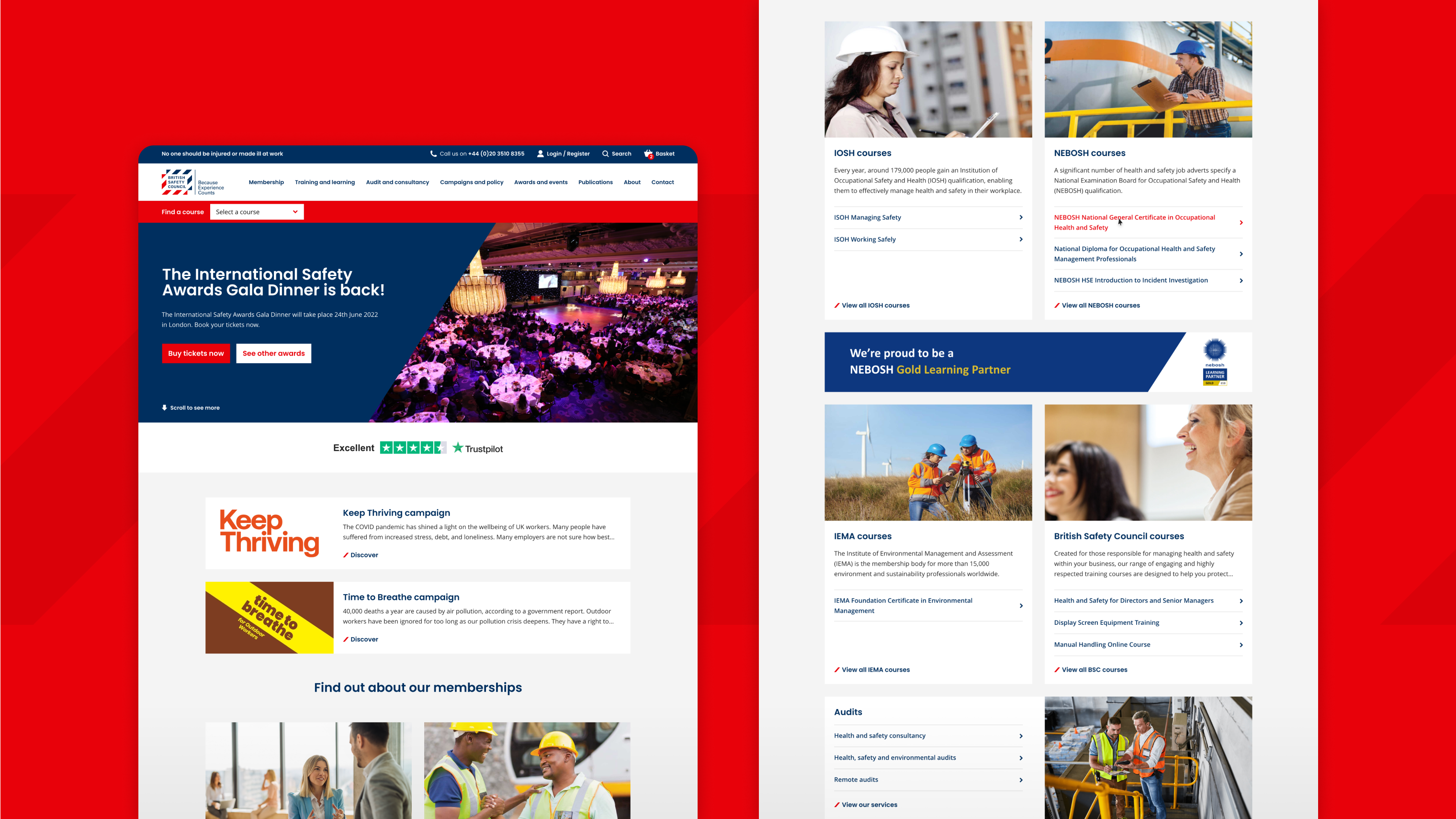 Split screenshot of a safety training website with course cards and a “The International Safety Awards Gala Dinner is back!” banner on red background