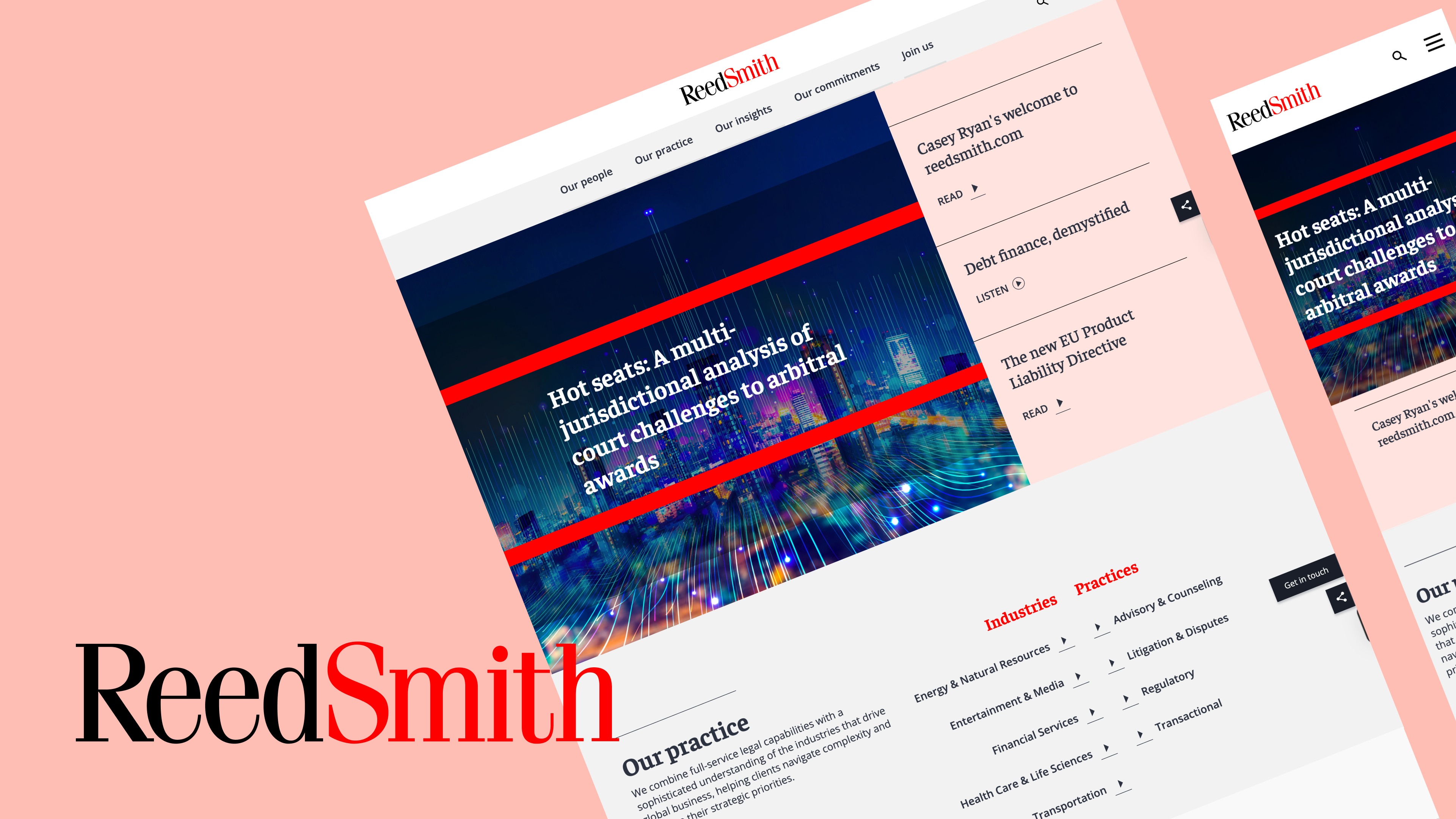 A collage of mobile and desktop user interface screens for the Reed Smith website, featuring the company logo and navigation menus for Industries and Practices.