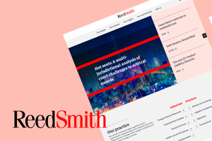 A collage of mobile and desktop user interface screens for the Reed Smith website, featuring the company logo and navigation menus for Industries and Practices.