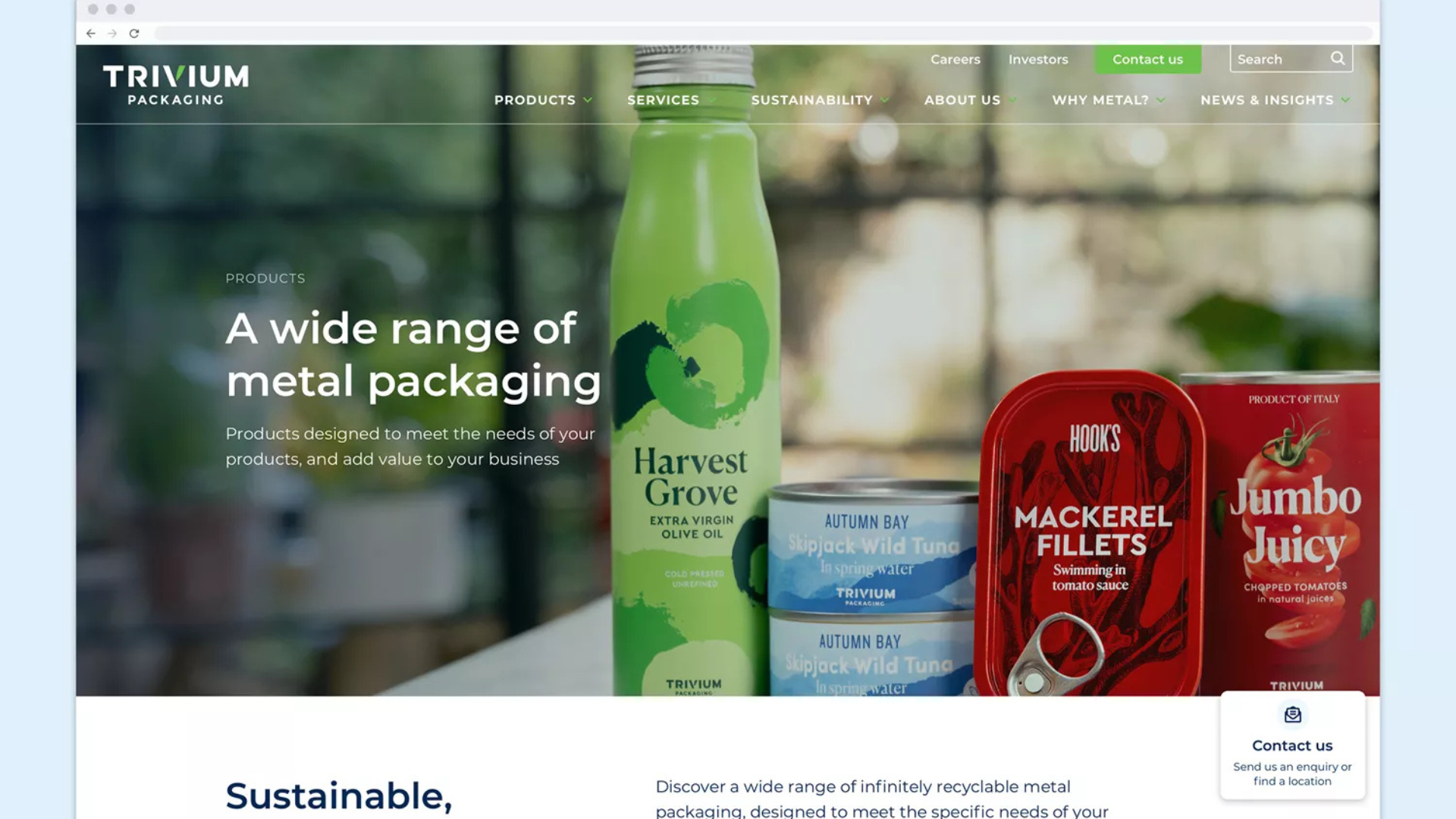 A website header for Trivium Packaging showing various metal containers for olive oil, tuna, mackerel fillets, and tomatoes, with the text "A wide range of metal packaging."