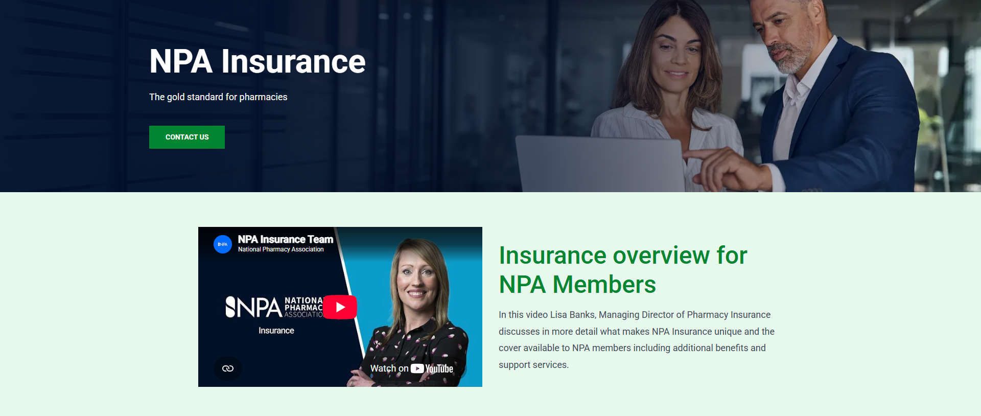 NPA Insurance banner with two professionals and text: “NPA Insurance,” “The gold standard for pharmacies,” and “CONTACT US.”