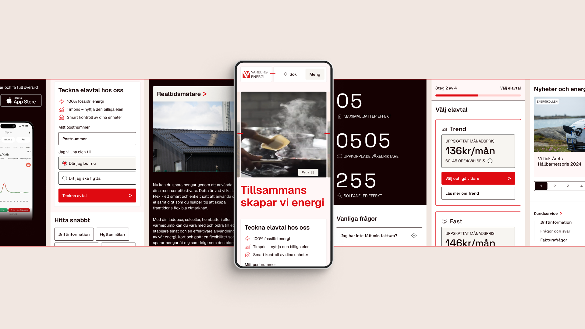 A horizontal showcase of mobile user interface screens for Varberg Energi, displaying energy usage statistics, contract options, and the slogan "Tillsammans skapar vi energi" (Together we create energy).