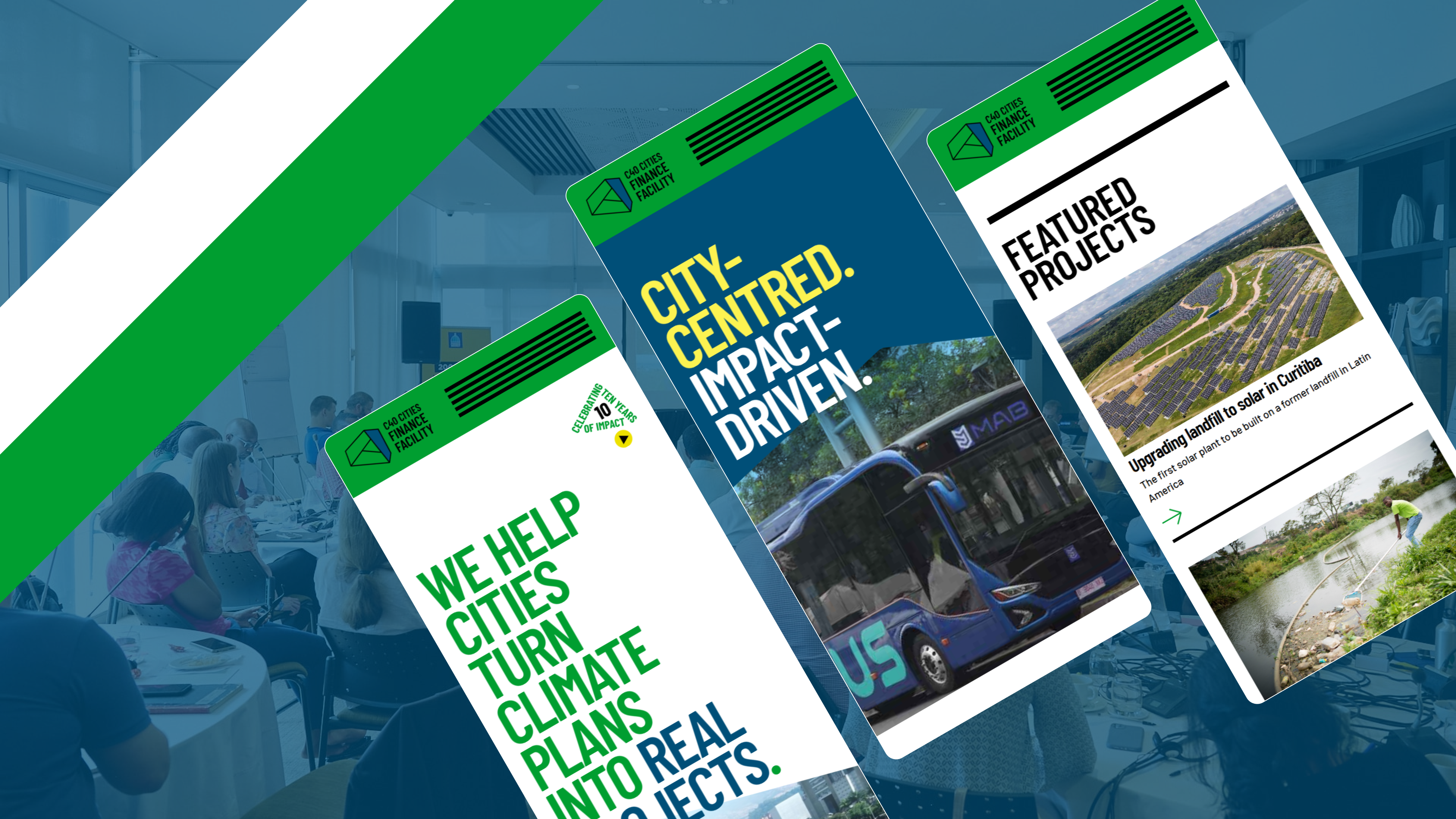 C40 Cities Finance Facility promo graphic demonstrating urban climate action, green infrastructure projects, and solar energy initiatives in Curitiba.