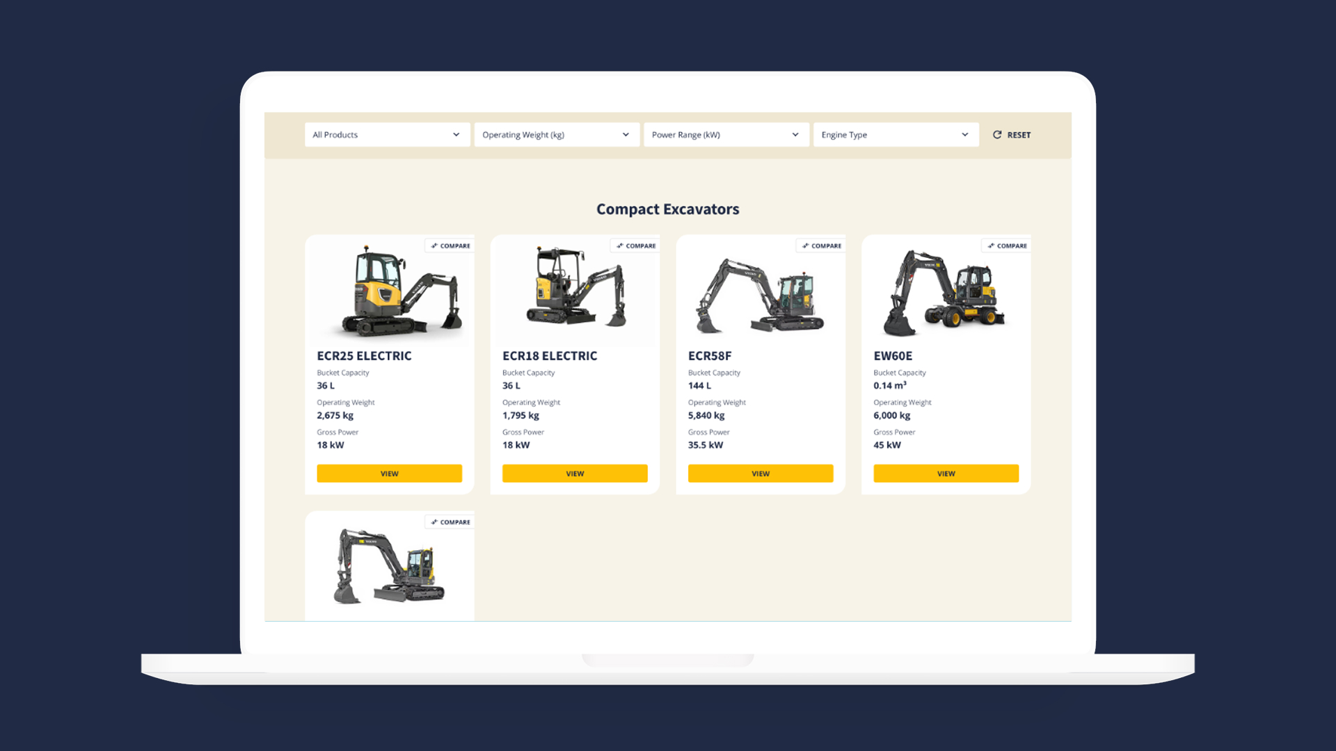 A laptop screen displaying the CJD Equipment product catalog with specification filter controls above a grid of Volvo compact excavator models.