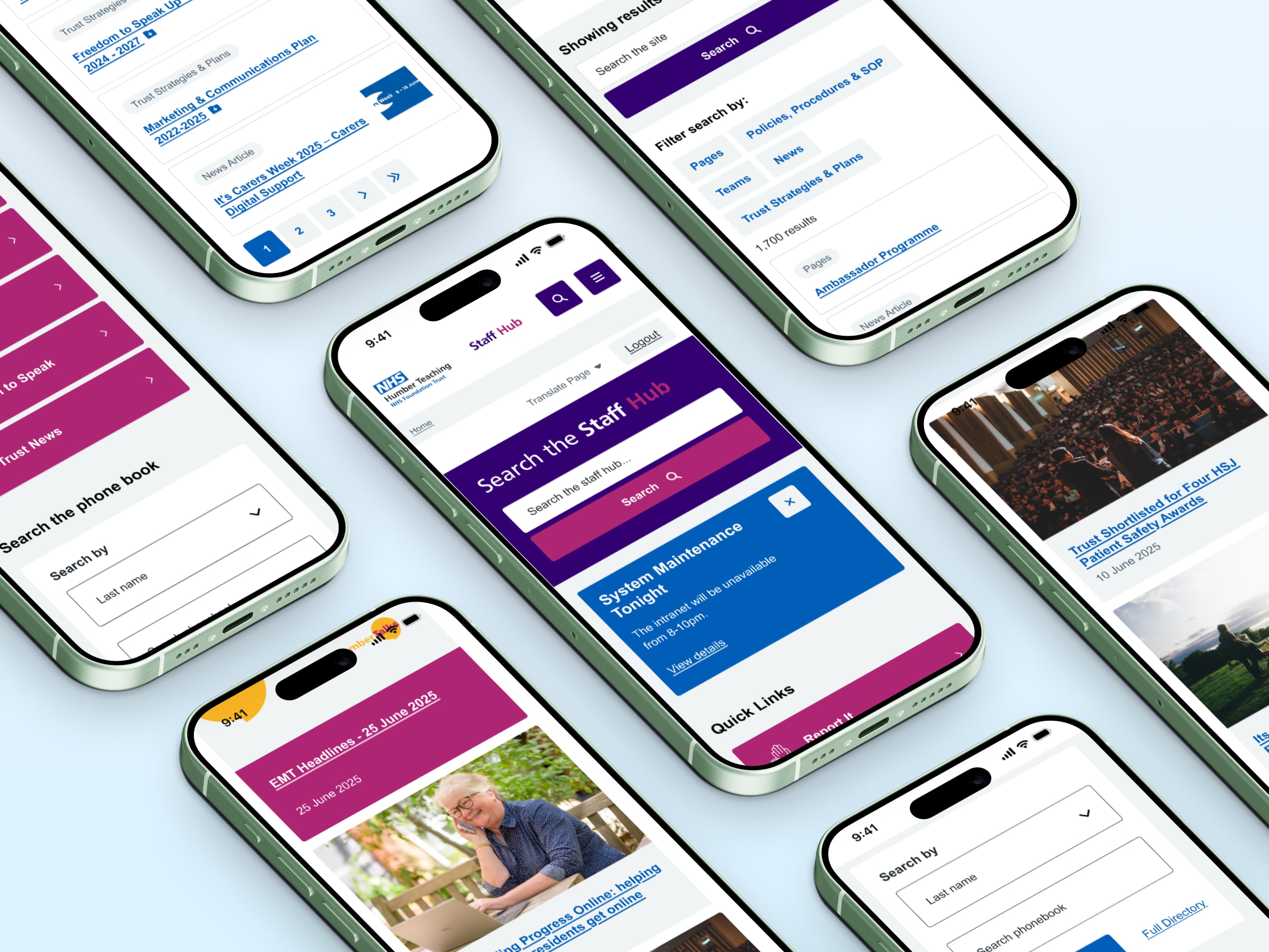 An isometric grid of smartphone mockups showing various pages, search filters, and news articles within the "Staff Hub" intranet.