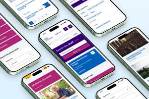 An isometric grid of smartphone mockups showing various pages, search filters, and news articles within the "Staff Hub" intranet.